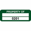 Lustre-Cal Property ID Label PROPERTY OF Polyester Green 2in x 0.75in 1 Blank Pad&Serialized 0201-0300,100PK 253744Pe2G0201